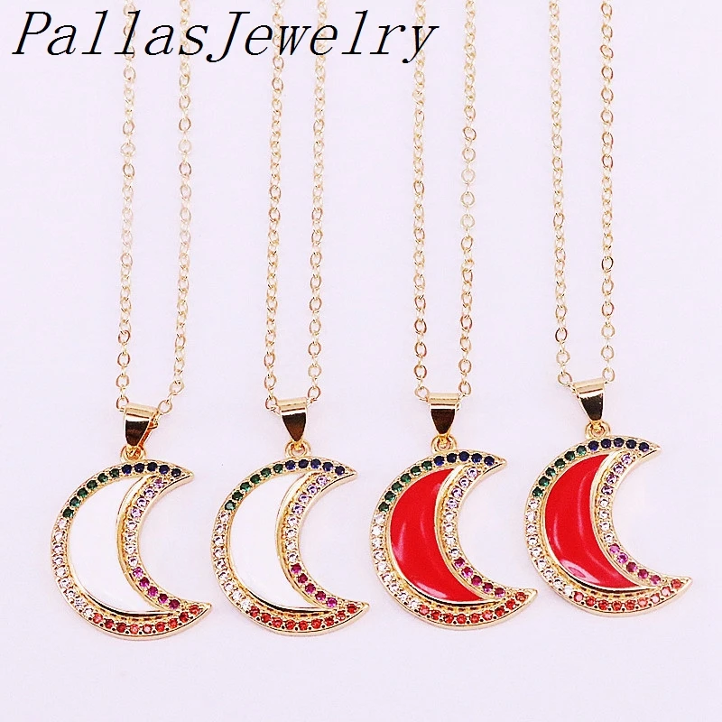 

10PCS, Fashion Rainbow CZ Zircon Micro Pave Enamel Moon Charms Pendant Necklaces Gold Color for Women