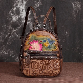 

Female Floral Travel Bag Real Cowhide Daypack Rucksack Leisure Designer Small Knapsack Genuine Embossed Leather Women Backpack