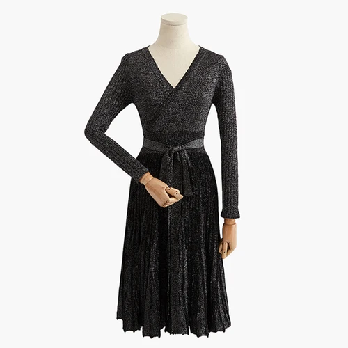 Gaganight элегантное женское облегающее платье с люрексом, длинные рукава, v-образный вырез, пояс, миди платья, Осень-зима, вязанное, Vestidos, корейское, эластичное - Цвет: Black