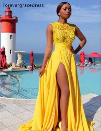 2017 Yellow Chiffon Prom Dresses High Split Sexy Summer Evening Gowns Arabic Sheer Jewel Neck Party Gowns Formal BA1858  118 (4)