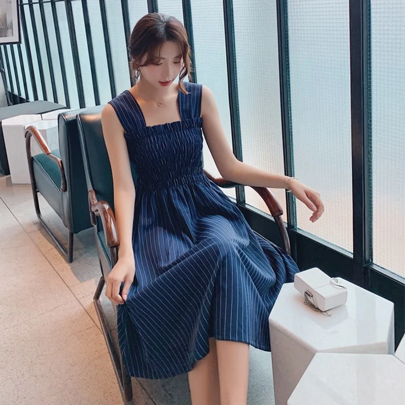 

Photo Shoot INS Normcore Style White Mid-length Backless Camisole Pleated Waist Hugging Slim Fit Stripes A- line Dress Women's O