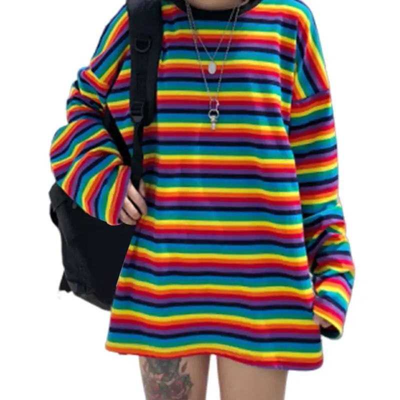 

Autumn Women Clothes Rainbow Stripe Long Sleeves T Shirt Autumn Harajuku Female Shirt Long Sleeve Plus Size Tshirts Woman Tops