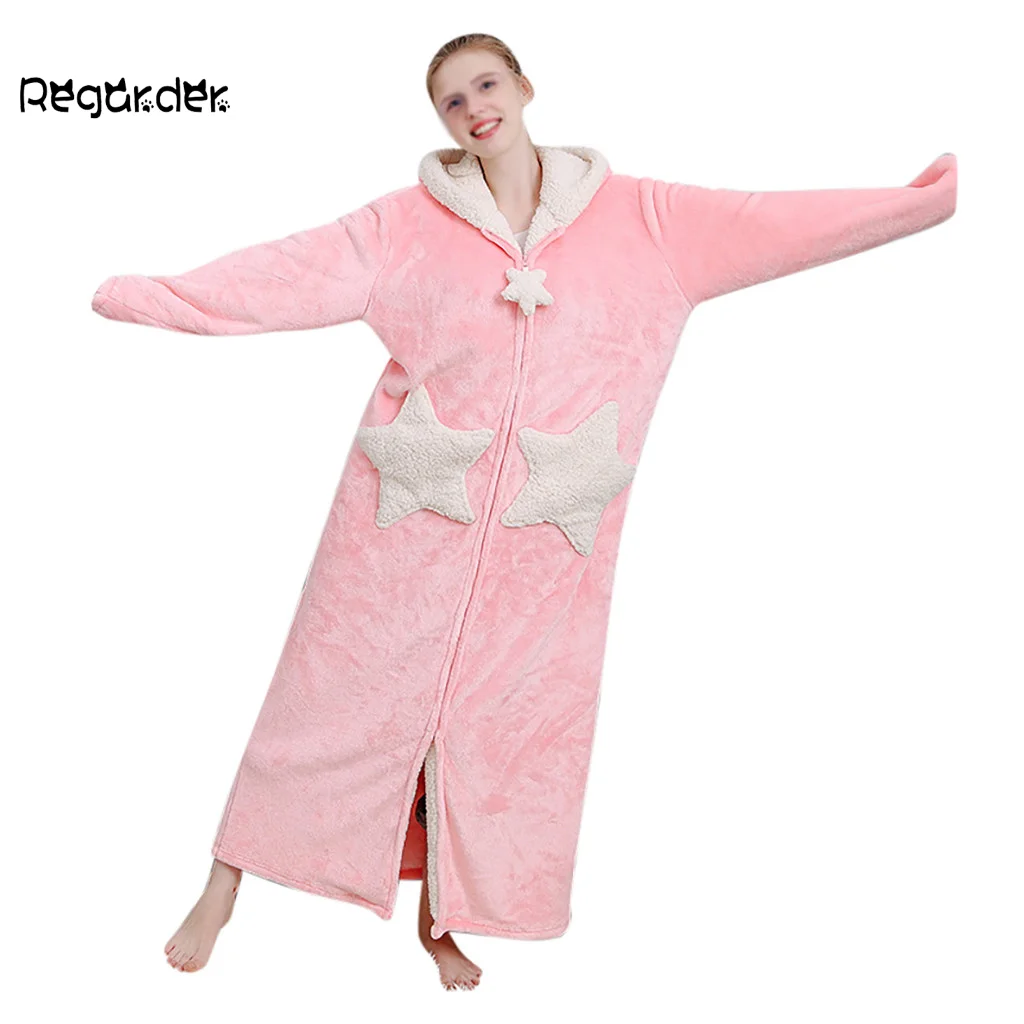 Зимний женский теплый флисовый халат кораллового цвета со звездами, с капюшоном, банный халат, пижама, одежда для сна, с карманами, на молнии, ночной халат# g3