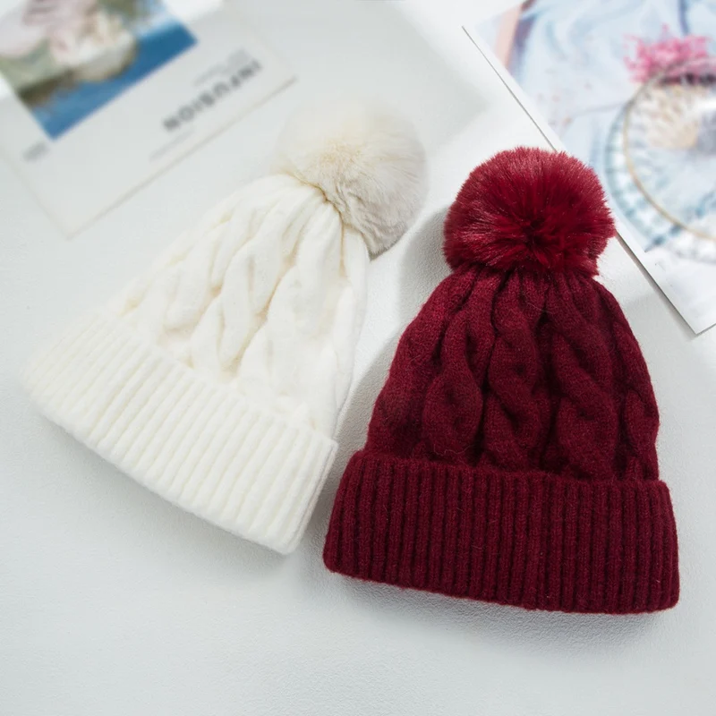 Add Velvet Keep Warm Solid Color Crimping Pompom Hat Thread Women Autumn Winter Crimping Beanie Hat Ski Cap green skully hat