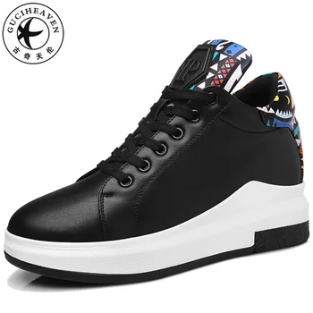 

2019 New Round Toe Black White Lady Inside Heighten Shoes Lace-up Vulcanize Women Sneakers With Fashion Graffiti Decoration