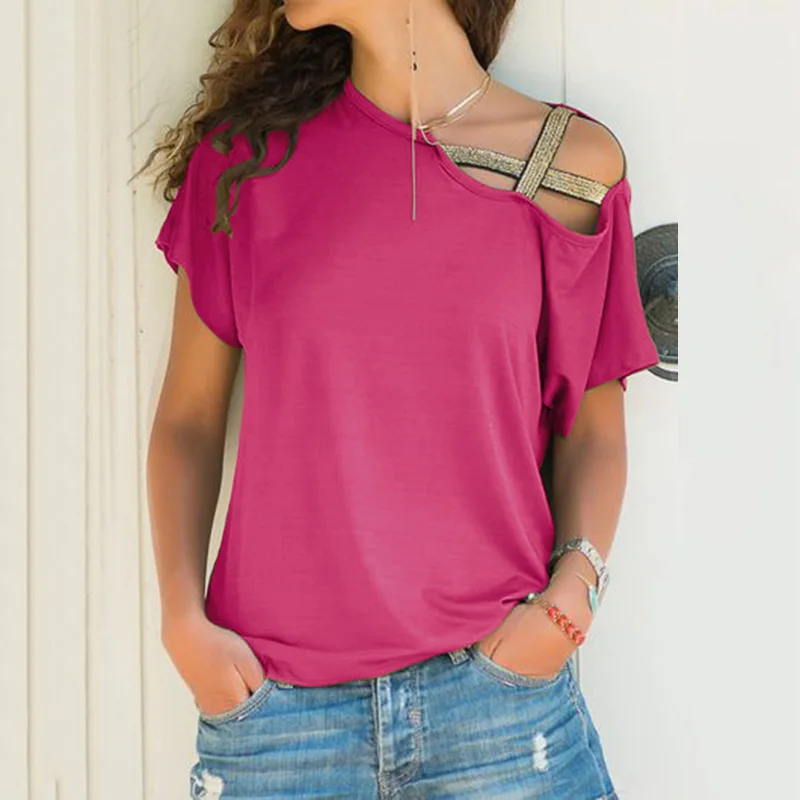 Женская футболка с косой шеей, летняя, ассиметричная, крест-накрест, короткий рукав, сексуальная, с открытыми плечами, одноцветные топы, Blusa Femme, рубашка на одно плечо