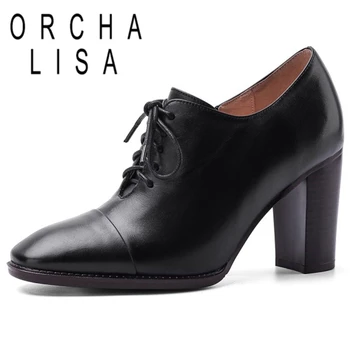 

ORCHA LISA Ladies Concise Pumps Round Toe 8.5cm Square Heels Genuine Leather Lace up Cross-tied Size 34-39 Leisure Date C1858