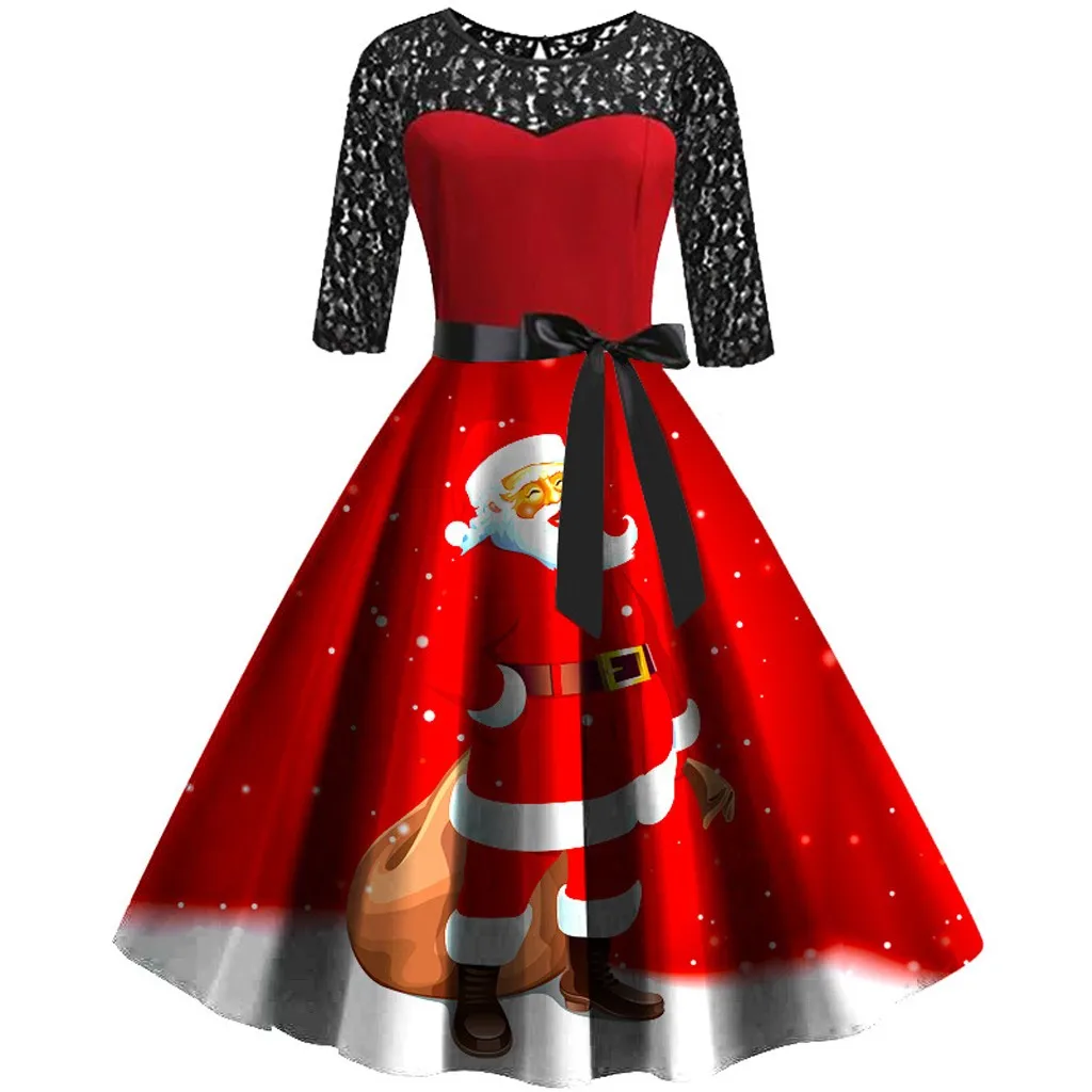 Кружевное рождественское платье с коротким рукавом для женщин размера плюс, винтажное платье в стиле пэчворк с принтом, вечерние платья на осень и зиму, ropa muje# ZB