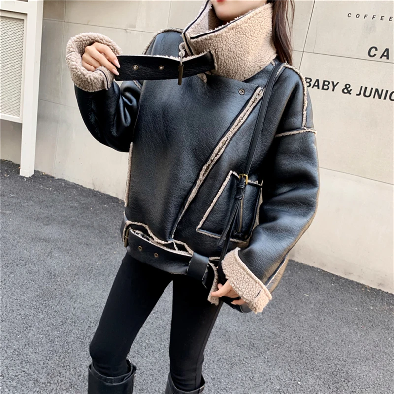 long duvet coat 2020 New Winter Women's PU Leather Coats Lambswool Particles Female Jackets Turndown Collar Lady Trendy Thick Outerwear Belt puffer coat with hood