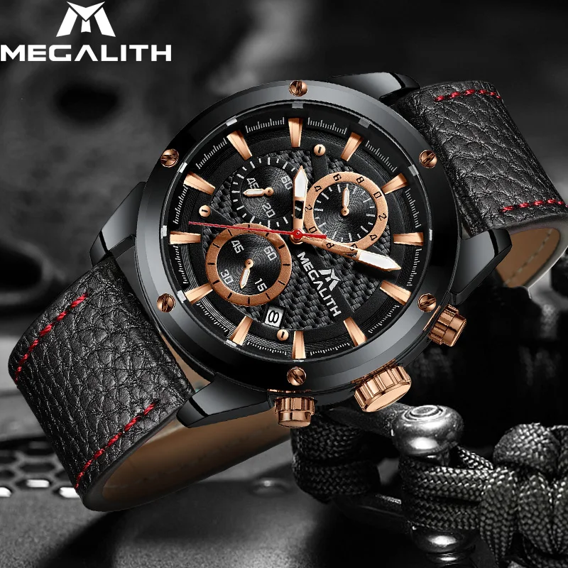 Skup MEGALITH Fashion zegarek wojskowy sportowe zegarki męskie wodoodporny chronograf zegar mężczyźni skórzany pasek zegarki kwarcowe męskie 8004
