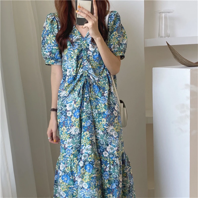 Женское платье средней длины с цветочным принтом Boho Chic сексуальное v-образным