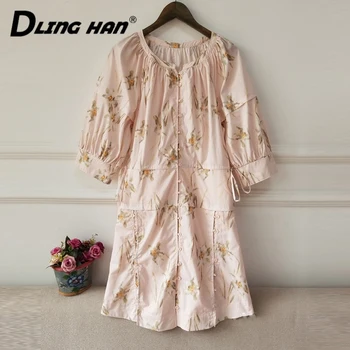 

LINGHAN Elegant Print High Waist cotton Dress Fashion Single-breasted Drawstring Vacation Dresses Designer Spring Summer New