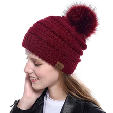 Зимние шапки для женщин, вязаная шапка с помпоном, женская шапка с меховым помпоном, шапочка с помпоном для девочек, теплая уличная Лыжная Шапка s Bonnet