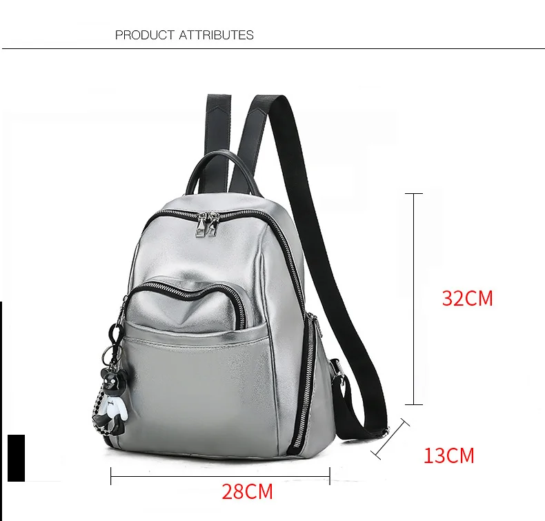 2019 Women Waterproof PU Soft Leather Backpack College Girls School Shoulder Bag Small Black Silver Multi Pocket Travel Rucksack (1)
