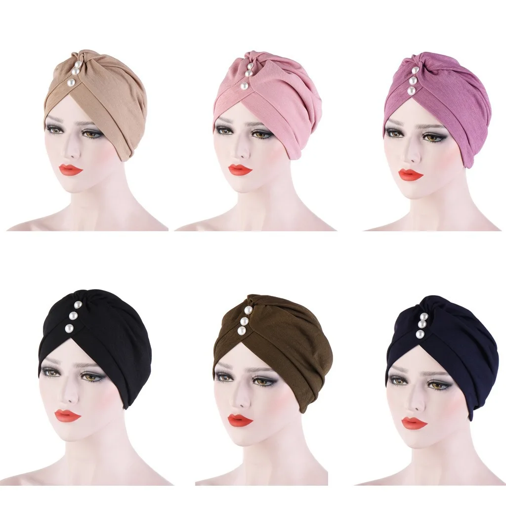 

New Muslim Turban Hijab Solid Color Forehead Fold Pearl Ladies Muslim Hooded Hat Indian Headscarf Turban Femme Accessories