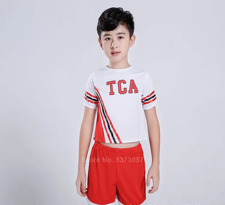 100-170cm Kids Girls Cheerleader Costumes Shoulder Off Vest+ Skirt Student Boys School Uniform Cheerleading Dance Performance