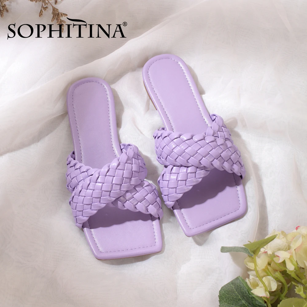 Женские летние соломенные шлепанцы SOPHITINA, разноцветные, квадратный носок, плоская подошва, без застежки, Уличная обувь, PB60|Тапочки| | АлиЭкспресс
