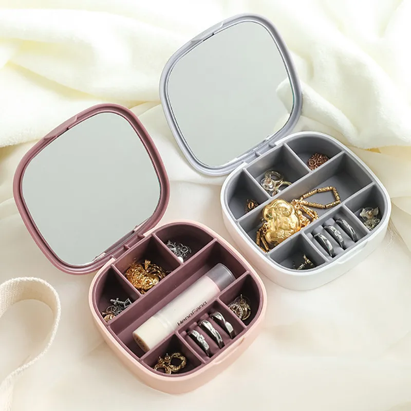 

Travel Portable Jewelry Box Cosmetic Mirror Jewelry Storage Box Necklace Ring Earring Lattice Finishing Box