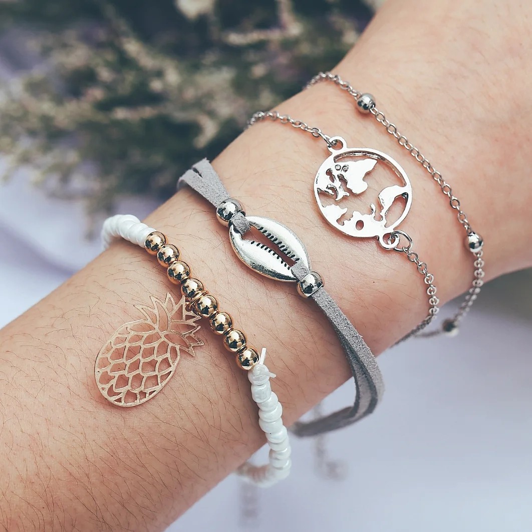Богемная Мода оболочки карта мира ананас бисера браслеты набор женщин Bijoux Кожа