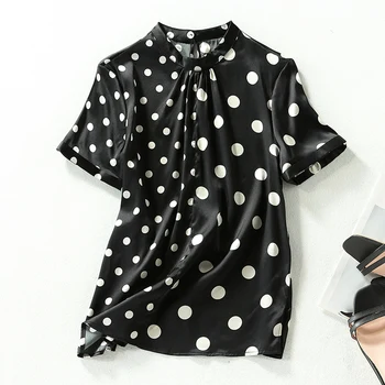 

Summer Women Black Tops Blouses Elegant Fashion Stand Collar Short Sleeve Dot 100% Natural Real Silk Satin Lady Shirt Blouse