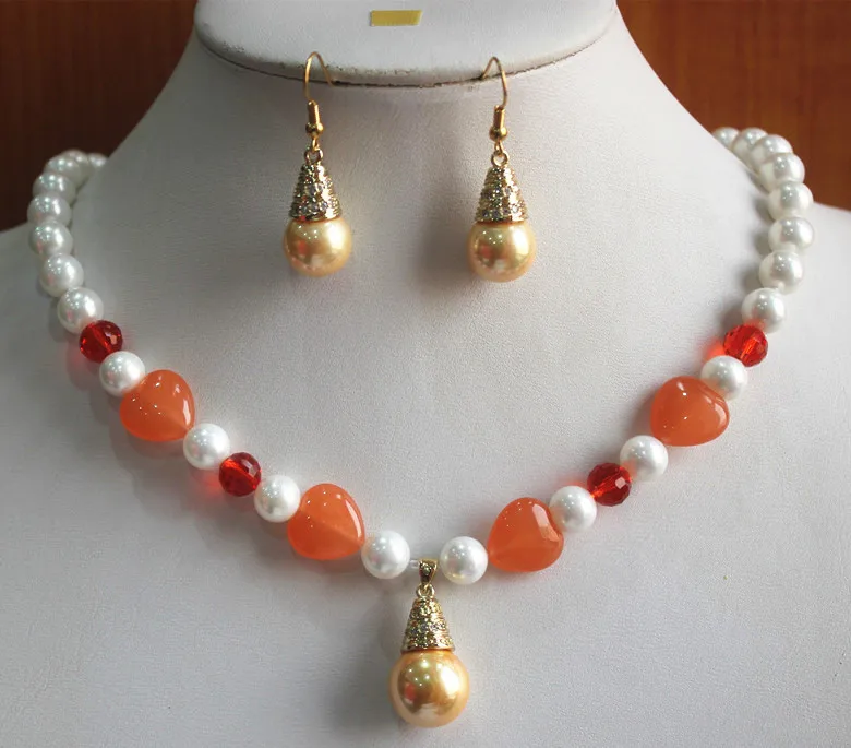 

Wholesale 8mm mixed color and material white/red shell pear/stone necklace+14mm yellow pearl earring and pendant jewelry set