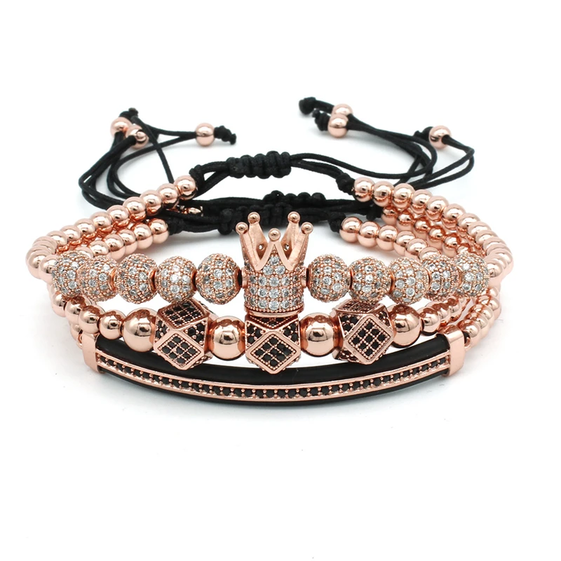 rose gold Миниатюрные циркониевые медные бусы с высокой короной тканые шестигранные циркониевые браслет в форме полумесяца набор из 3 - Окраска металла: rose gold
