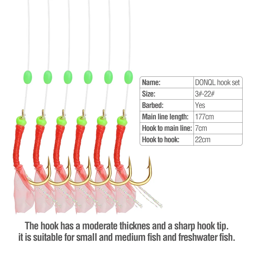 DONQL Combination Fishing Hooks 5#-22# Luminous Fishing Hooks(Tail Luminous Beads) 6 Hooks+ Stainless Steel Fishing Adapter