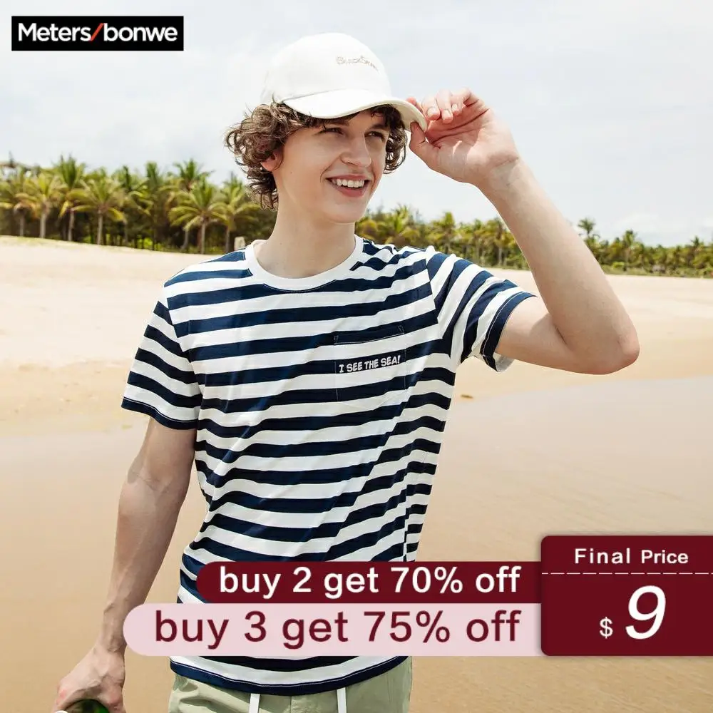 

Metersbonwe Couples T-shirt Printing Shirt for Male Female Striped Summer Holiday Trend T-Shirt Simple Casual Short Sleeve Tops