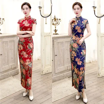 

Mandarin Collar Cheongsam Novelty Chinese Formal Dress Vintage Chinese Traditional Women Rayon Print Flower Qipao Plus Size 5XL