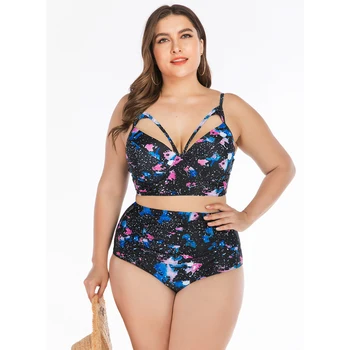 

2020 New Floral Star Patchwork Swimsuit Women Plus Size Swimwear V Neck Bathing Suit L-4XL Girl High Waist Backless Bikini Set