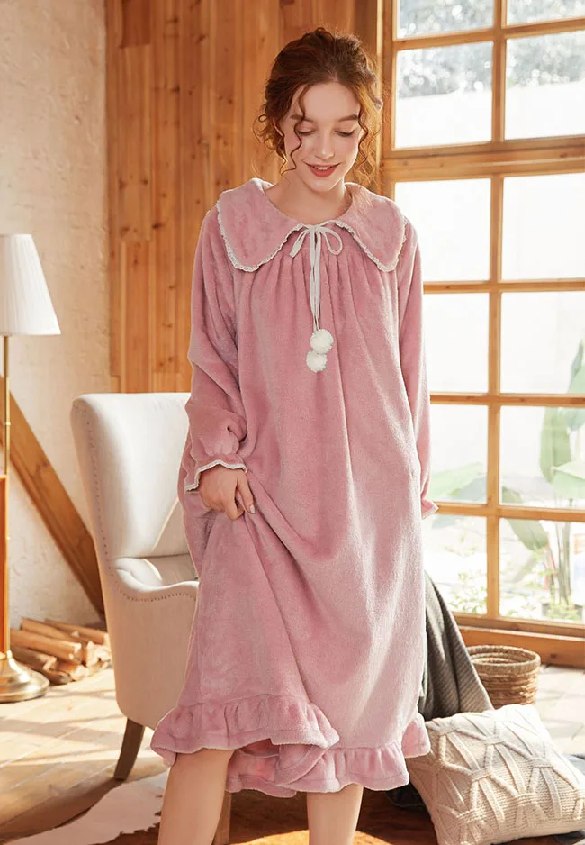 Осенне-зимнее женское платье принцессы в стиле Лолиты, Милая Ночная рубашка с воротником, винтажная фланелевая ночная рубашка, теплая ночная рубашка, одежда для сна