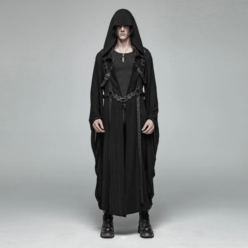 Панк RAVE Мужская темная панк куртка в полоску из искусственной кожи с металлической пряжкой Украшение большие рукава Свободное пальто средней длины с капюшоном