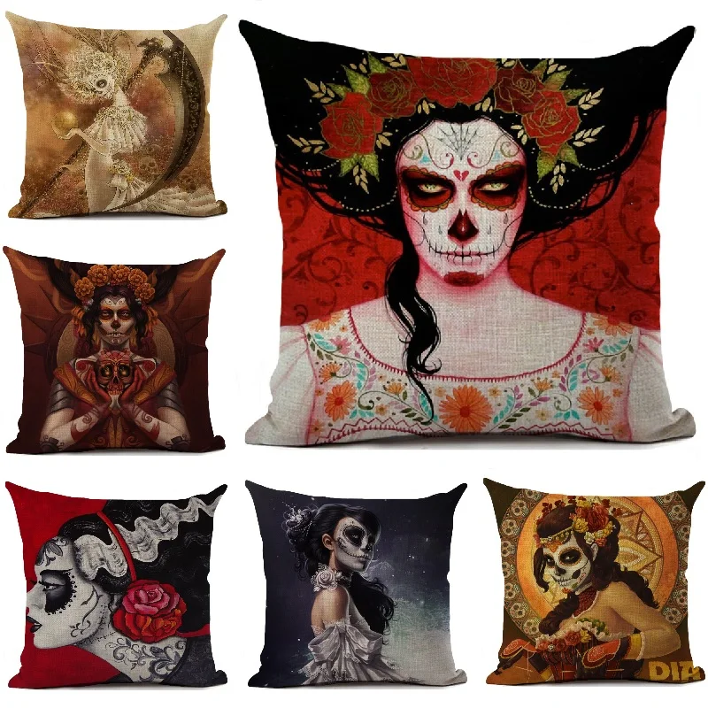 

Day Of The Dead Halloween Cushion Cover Horror Sugar Skull Printed Decor Throw Pillows Home Decorative Mexican Skull Pillow Case