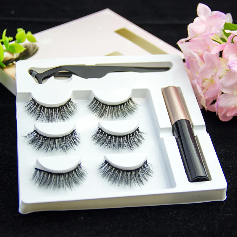 professional 3 Pairs False Eyelashes Set With Tweezer Makeup Kits Magnetic Eyeliner Liquid Thick And Curled Eyeashes