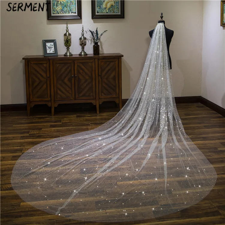 SERMENT New Shiny Piece Bride Wedding Actress Empty Section Trailing One-Layer 400cm Veil Wedding Accessories