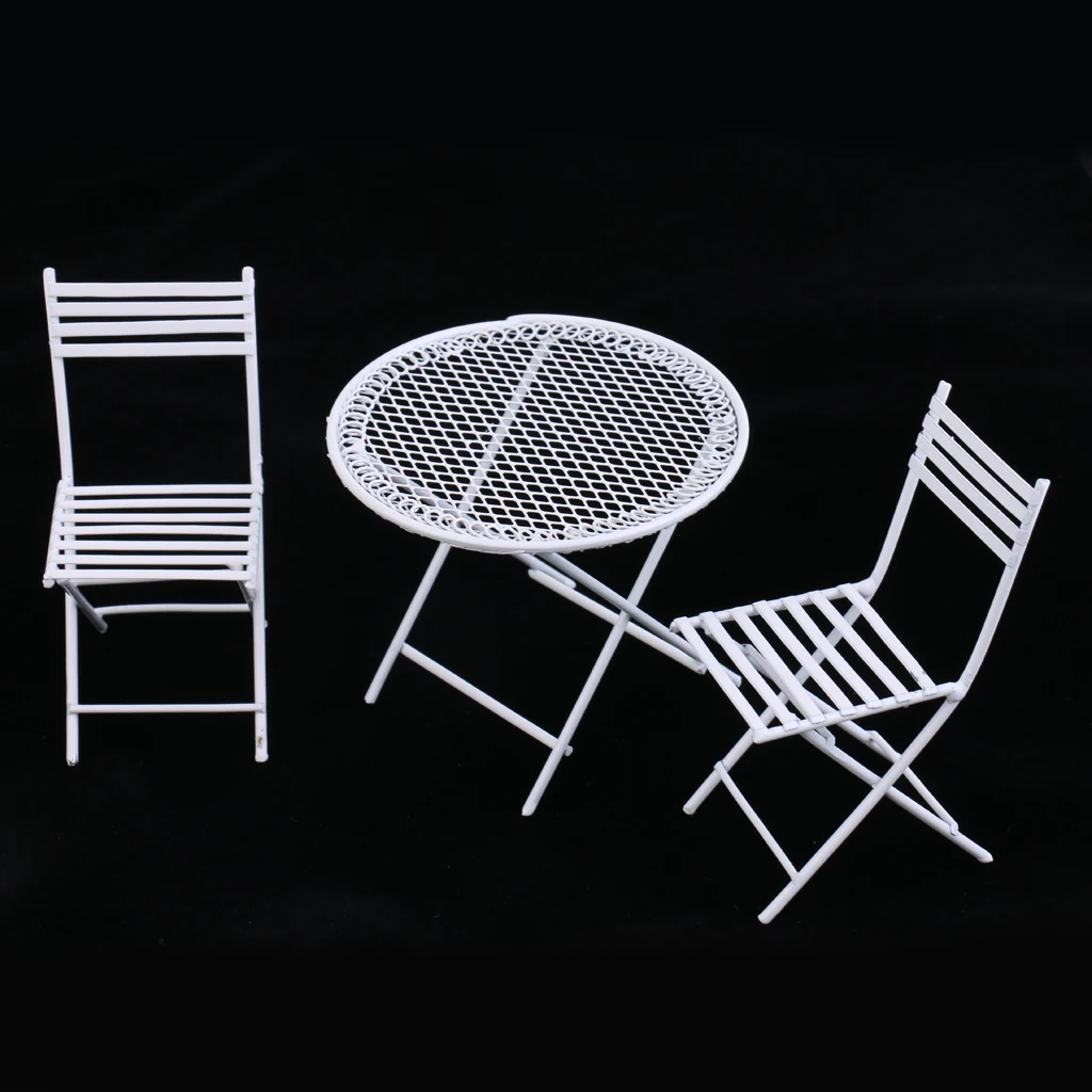 European Style Miniature Metal White Table Chair for 1/12 Dolls House Room Garden Furniture