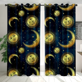 

ONGLYP Living-room Curtains Bohemian Moon and Sun Fashion Blackout Window Drapes Bedroom Curtains for Adult Kids,2 Piece/Set