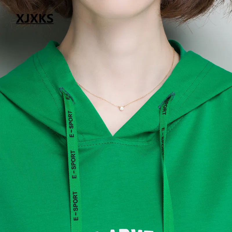 XJXKS/Новинка, осенняя модная женская футболка с капюшоном и длинными рукавами, свободная, плюс размер, удобная женская футболка из хлопка