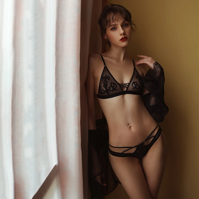 

Female New Products Embroidered French Triangle Cup Lace Cardigan Perspective Nightgown Set + Bra Set 3 Piece Set
