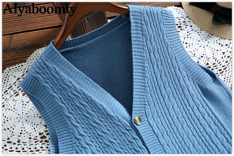 Японский Mori Girl осень зима для женщин длинный жилет V образным вырезом серый синий розовый вязаный свитер без рукавов элегантная Милая Дамская верхняя одежда - Color: Blue Vest