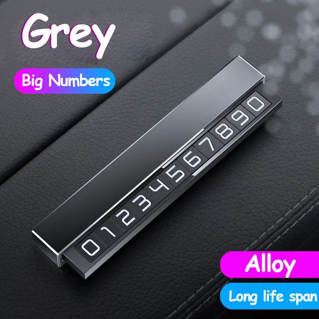 Car Temporary Parking Card Aluminum Alloy Luminous Magnetic Hide Mobile Phone Telephone Number Plate Card Auto Sticker Interior Gray