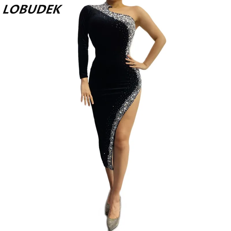

Irregular One Shoulder Black Velvet Rhinestones Slit Dress Women Singer Host Model Catwalk Stage Costume Performance Sexy Outfit