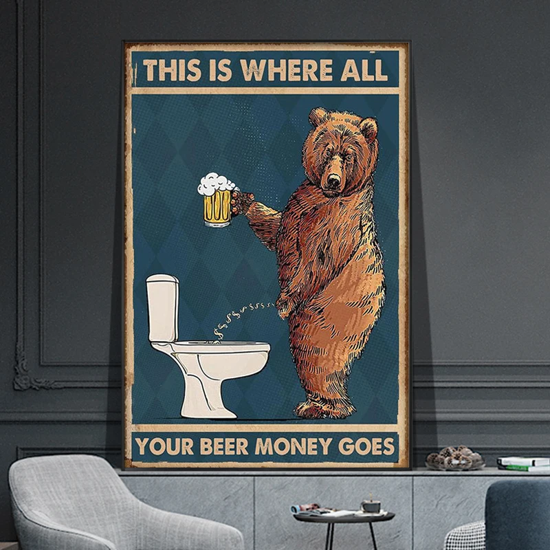 Grumpy Bear Drinking Beer To The Bathroom Canvas Poster Wall Art Print Picture for Toilet Home Modern Decor | Дом и сад