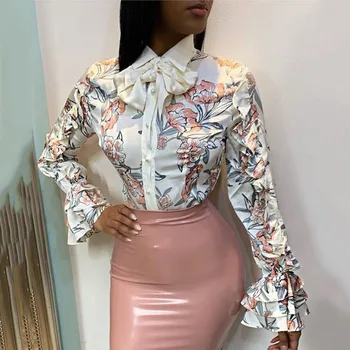 

Creative Irregular Flowers Print Fashion Blouse Long Sleeve Turn-Down Collar Bow Single-Breasted Sweet Women Shirt