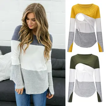 

Winter Fashion New Maternity Clothes Striped Patchwork Long Sleeve Breastfeeding Lace T-Shirt Nursing Tops For Pregnant Womens