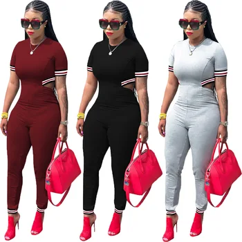 

2019 explosion models Europe and the United States urban fashion women's webbing short-sleeved three-color jumpsuit trousers