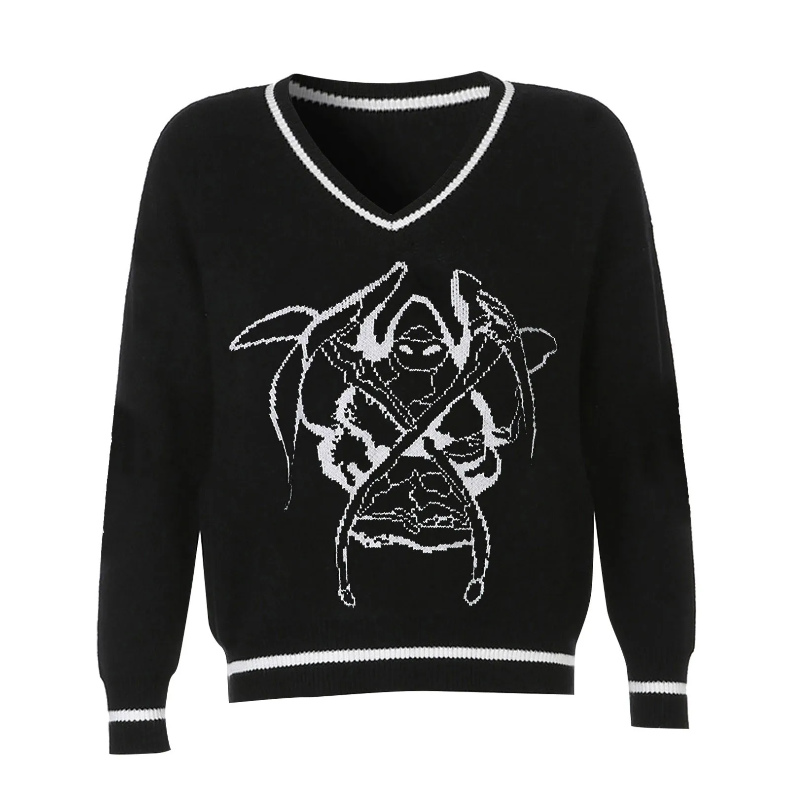 Women's Sexy V-neck Loose And Versatile Printed Long Sleeve Sweater Loose Short Sleeve Women Shirt Anime Print Cotton Casual 2