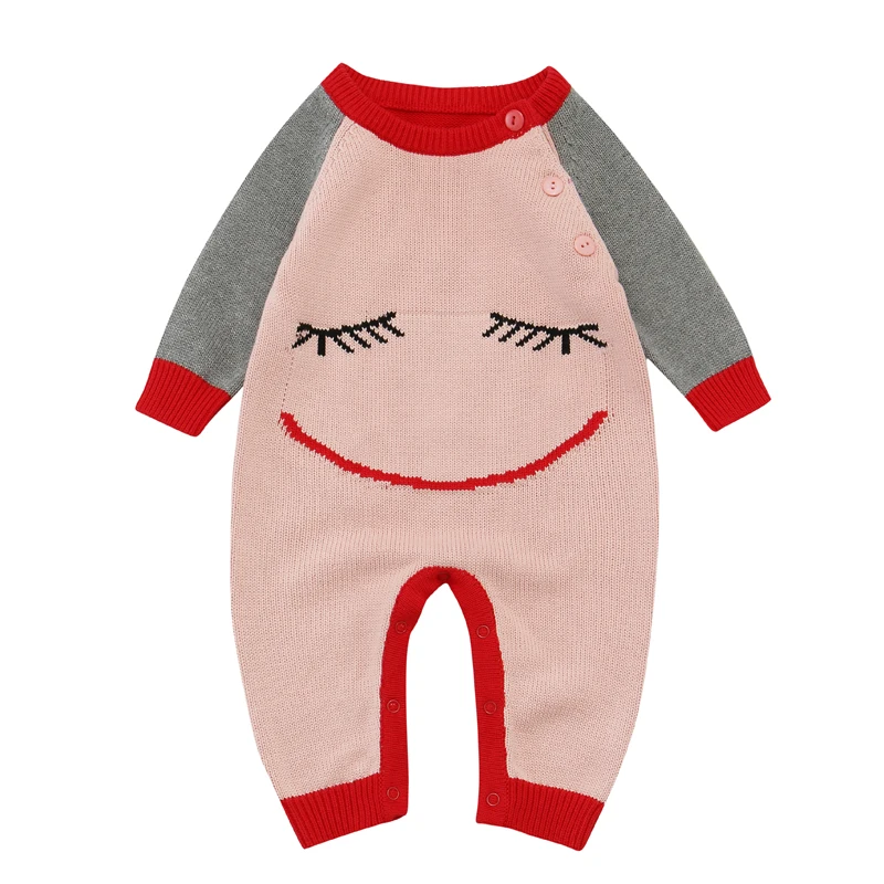 Pink smiley face Tinyлюди розовый смайлик Детский комбинезон зимняя вязаная одежда для новорожденных Теплый комбинезон для мальчиков Ползунки Для Девочек Милая Одежда для младенцев - Цвет: Pink smiley face