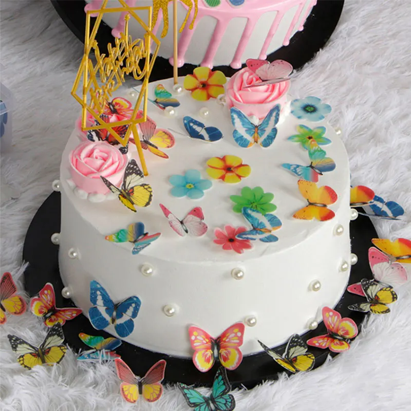 Съедобная Бабочка для украшения торта Смешанные 3D цветы клейкая вафельная