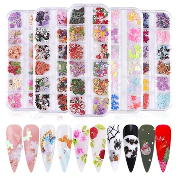 

1 Box 3D Emulation Butterfly Colorful Flowers Nail Art Sequins Mix Halloween Christmas Wood Pulp Nail Flake Manicure Decorations